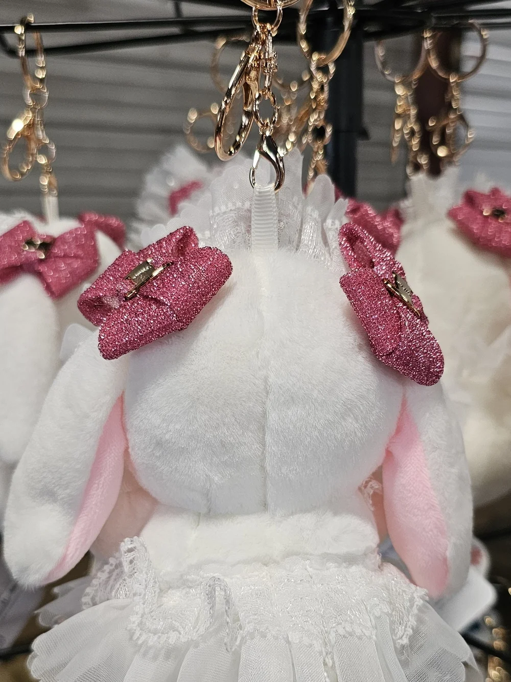 Pink & White Plush Bunny Keychain with Glitter Bow
